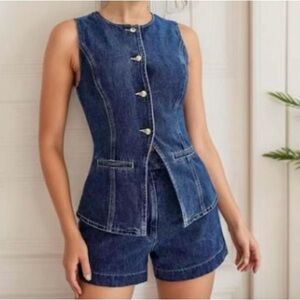 Blue Denim Sleeveless Jacket and Shorts Set